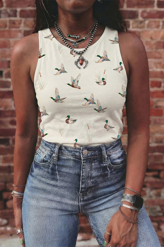 Beige tanktop met wilde eendenprint in westernstijl