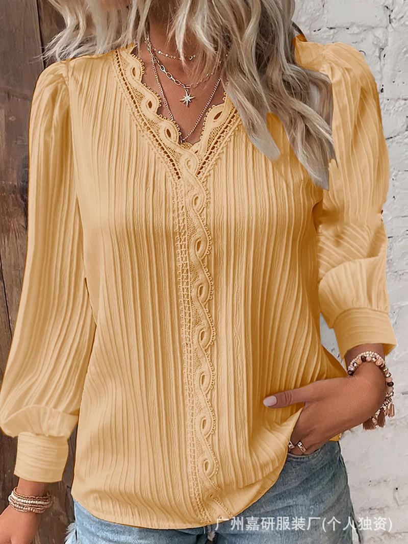 2025 Cross-Border Hot Selling Amazon Autum Long-Sleeved V Neck Lace Splicing Shirt Women's Shirt Women's Clothing Ready Supply