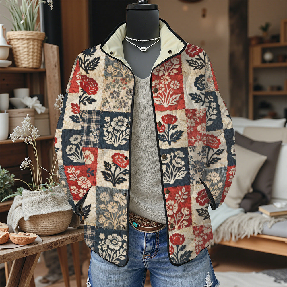 Women's Pleated Floral Digital Print Cotton Jacket Long Sleeve Stand Collar Outerwear