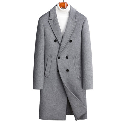 Men Woolen Coat Double Breasted Suit Collar Mid Long Jacket