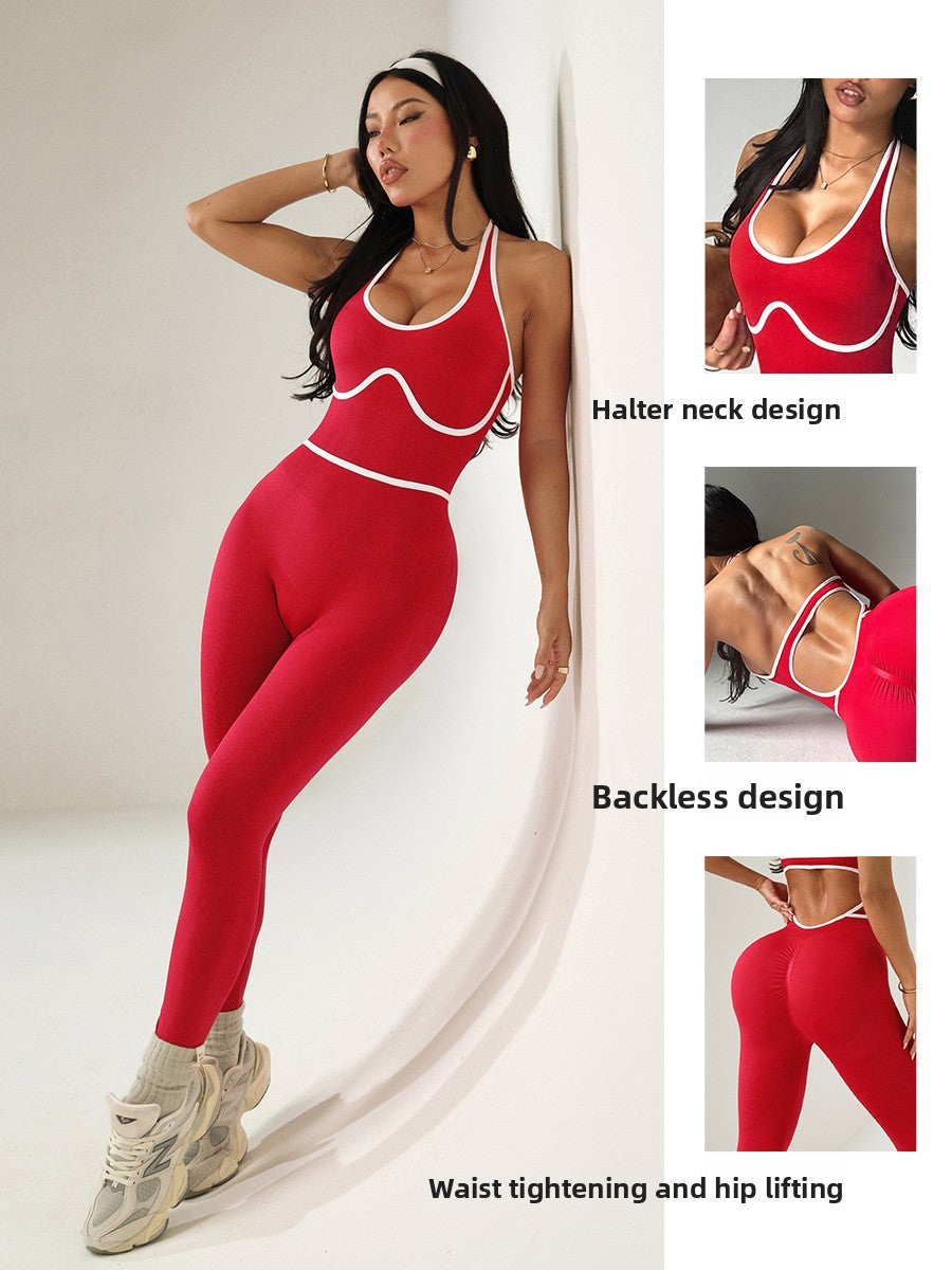 Dames yoga halterjumpsuit met hoge taille en kleurblokken