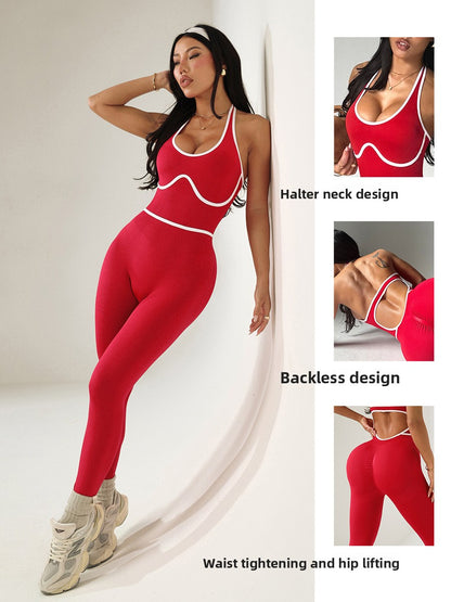 Dames yoga halterjumpsuit met hoge taille en kleurblokken