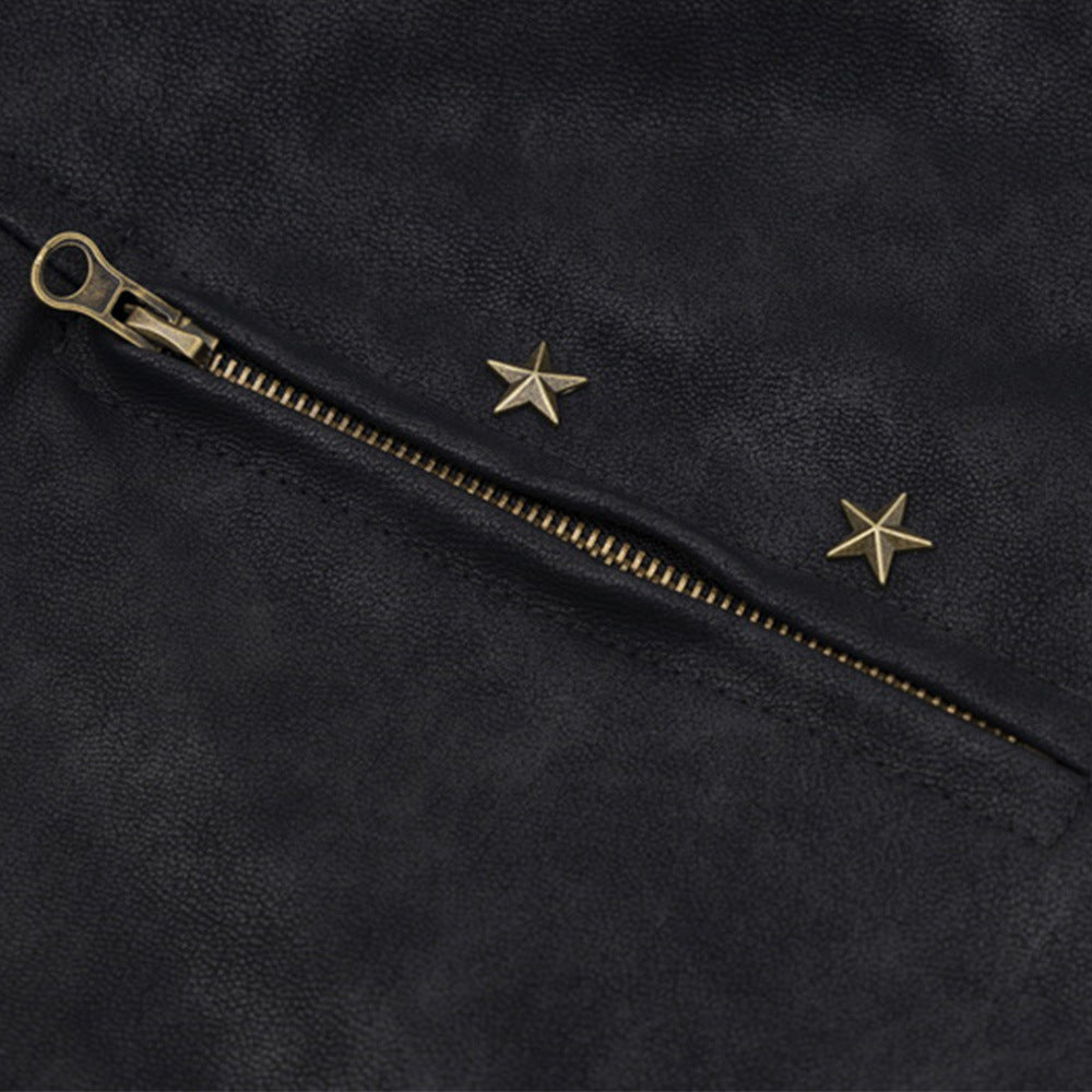 Losse Amerikaanse street winddichte Unisex PU-leren jas met rits/sterren versieringen