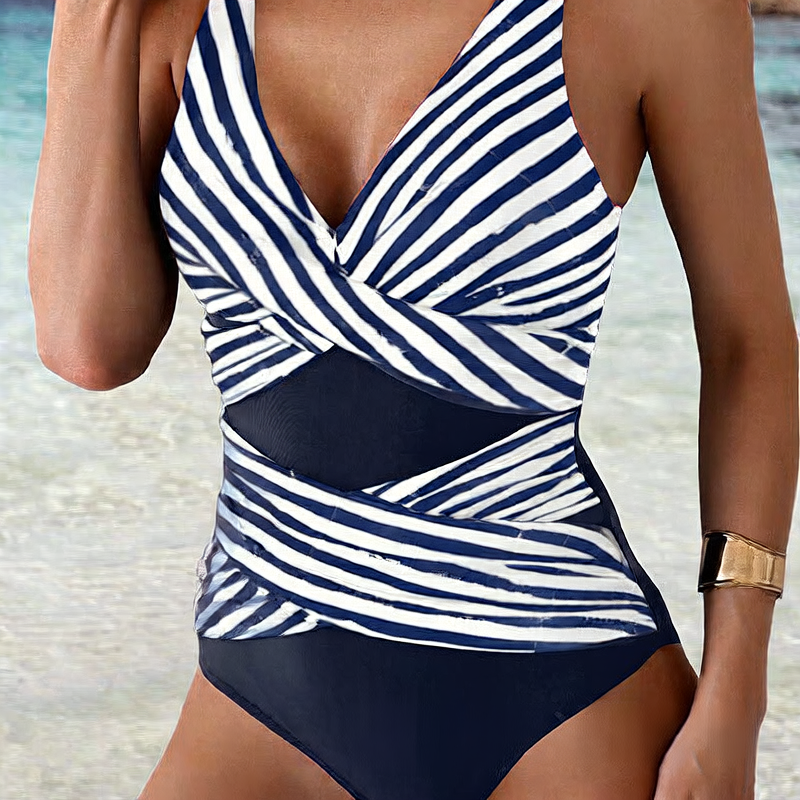 Casual striped one-piece tight swimming suit