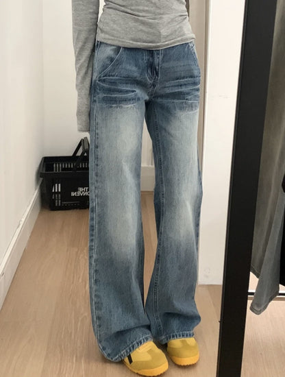 American Retro Light Blue Flared Jeans for Women High Waist Slimming Wide Leg Pants