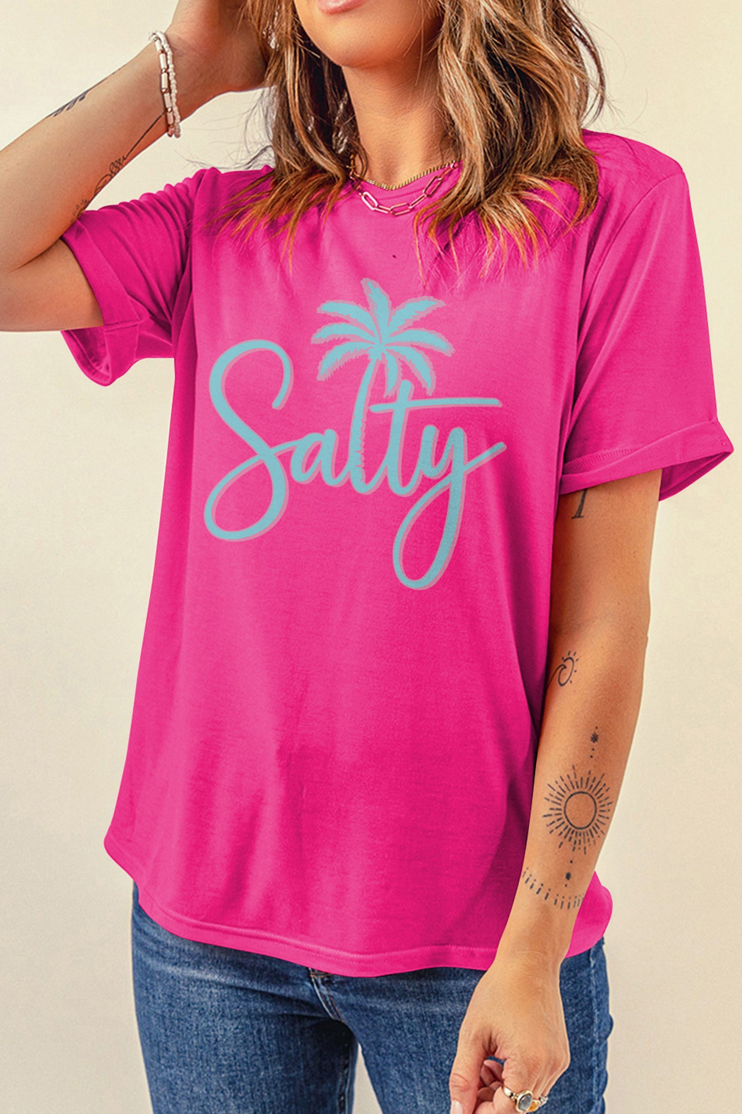 Roze rood T-shirt met print van een zoutige palmboom