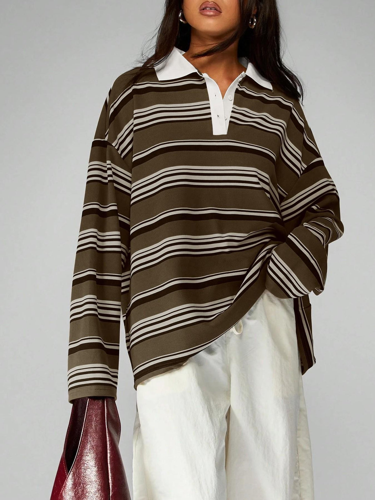 Retro Color-Block Striped Long-Sleeve Polo Sweatshirt,