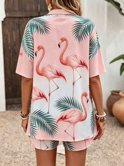 Flamingo Print Cardigan and Shorts Set