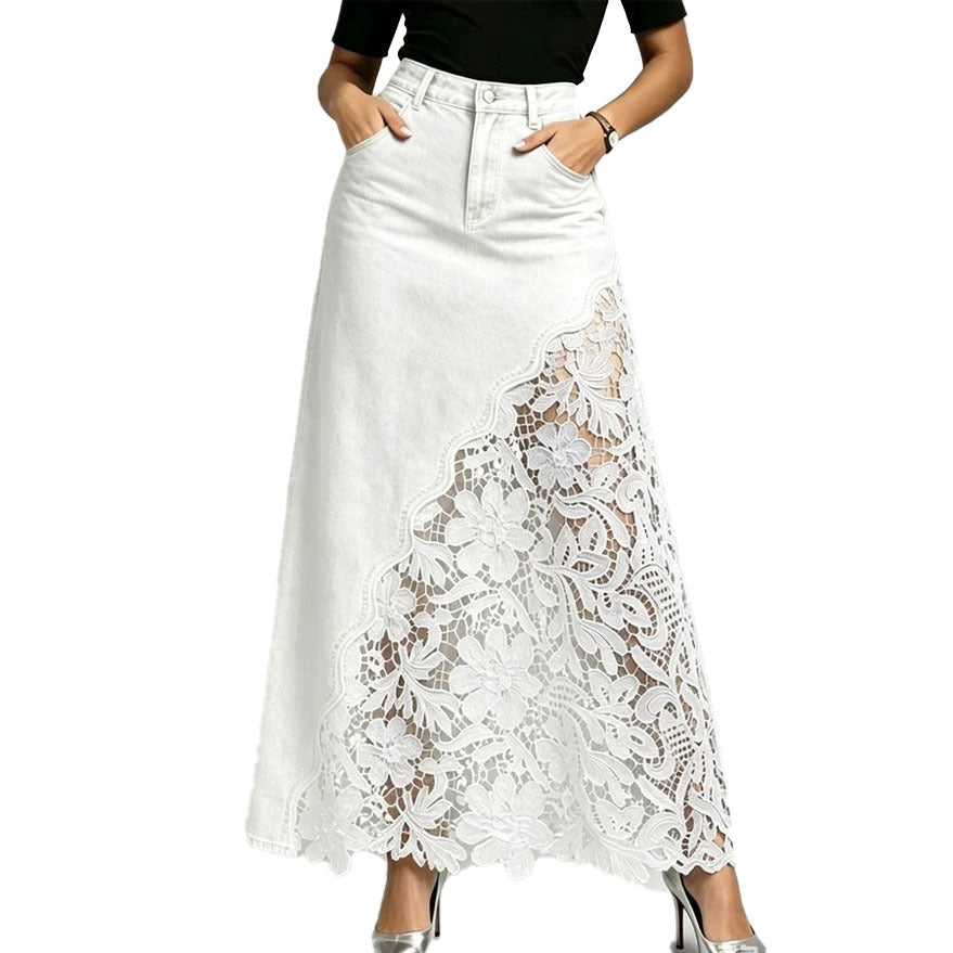 Womens Washed Denim Lace Patchwork Long Bodycon Skirt