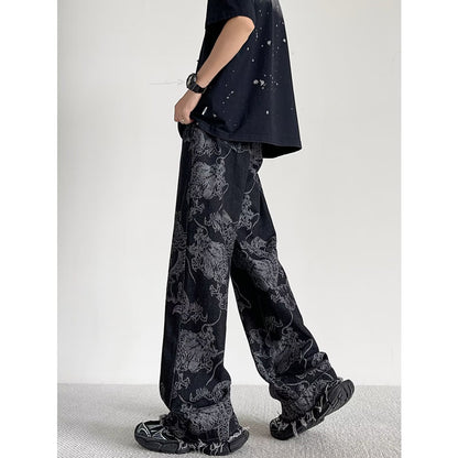 Losse rechte heren jeans met geborduurde draak