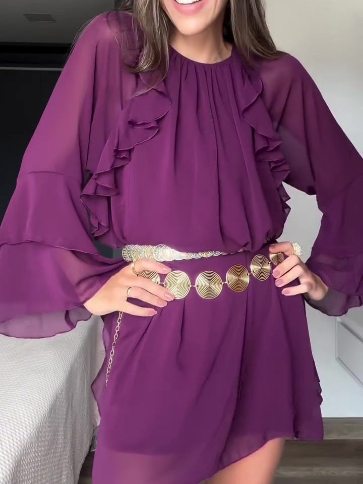 Pruimenkleurige Boheemse jurk met ruches en lange mouwen