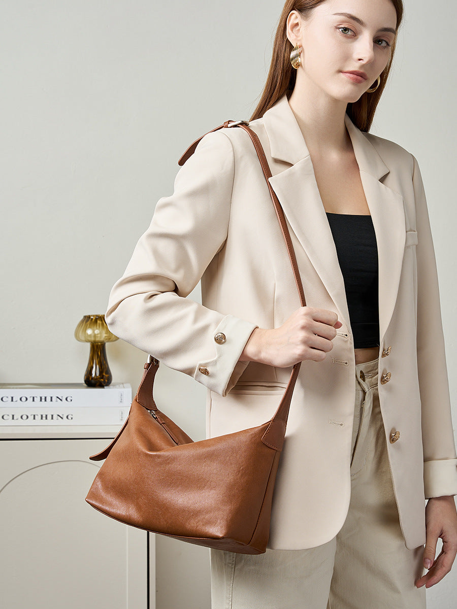 Vintage First Layer Vegetable Tanned Cowhide Casual Shoulder Underarm Bag Large Capacity Classic Leather Crossbody Hobo Bag