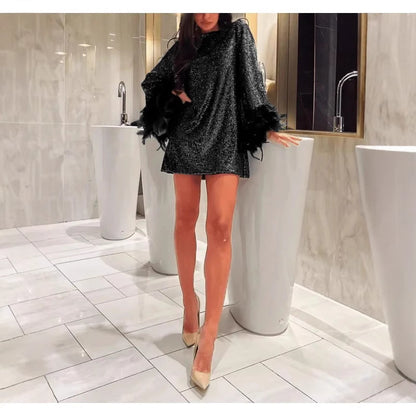 2026 European and American Foreign Trade Cross-Border New Women's Clothing Sexy Fur Sleeve Sequined V-Neck Tie Elegant Short Dress