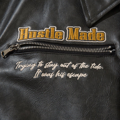 European And American Losse PU-leren unisex jas met geborduurde opdruk