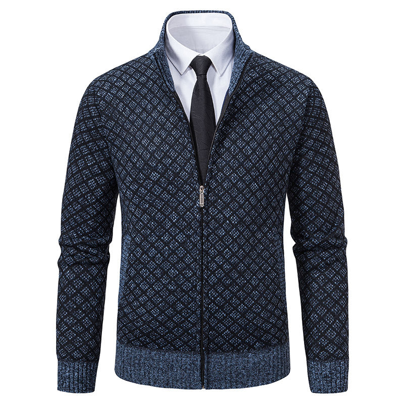Autumn and Winter Velvet Thickeneded Casual Cardigan Sweater Men's Stand-Up Collar Outer Hooded Zipper Knitted Sweater Jacket