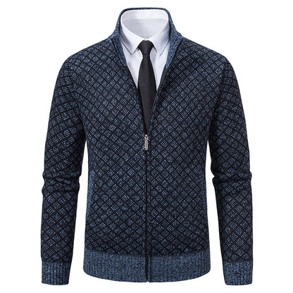 Autumn and Winter Velvet Thickeneded Casual Cardigan Sweater Men's Stand-Up Collar Outer Hooded Zipper Knitted Sweater Jacket