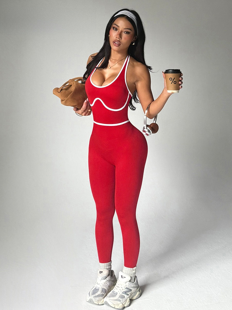 Dames yoga halterjumpsuit met hoge taille en kleurblokken