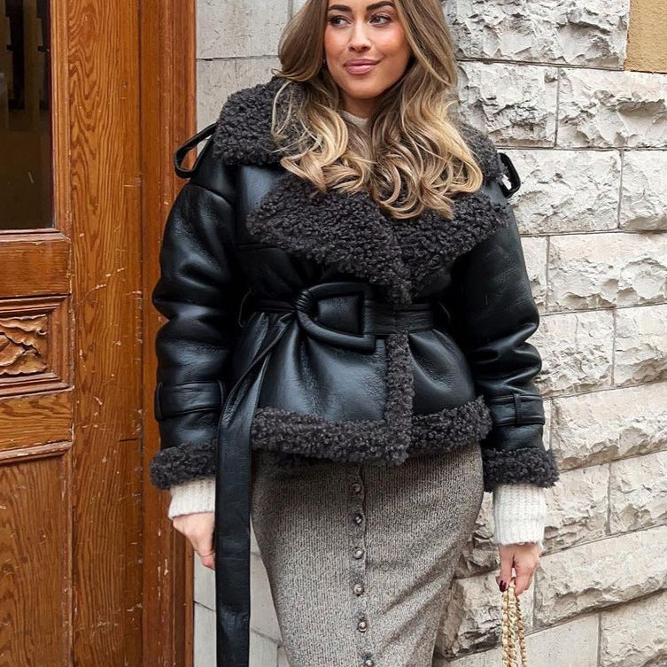 Winter and autumn long-sleeved fur-coated one-piece short coat