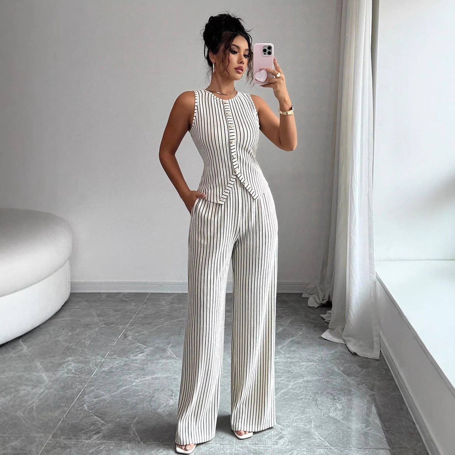 Retro gestreepte mouwloze vest en wijde broek set voor dames