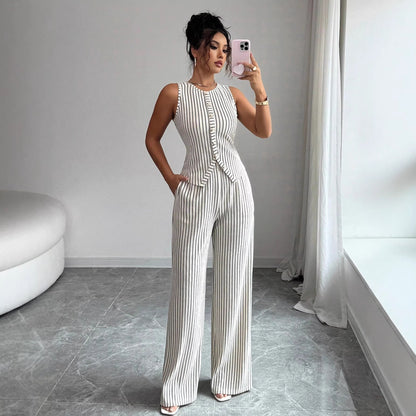 Retro gestreepte mouwloze vest en wijde broek set voor dames