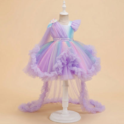 Girls Tulle Princess Dress with Irregular Train and Bow Detail Birthday Party Dress