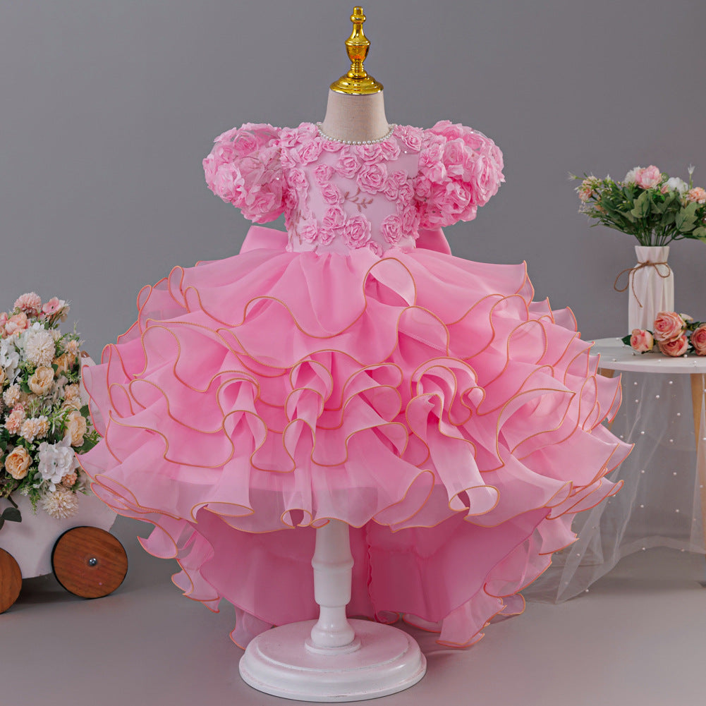 European and American Girls' Puff Short-Sleeved Dress with Three-Dimensional Flower Wedding Dress Children's Formal Dress Multi-Layered Cake Train Dress