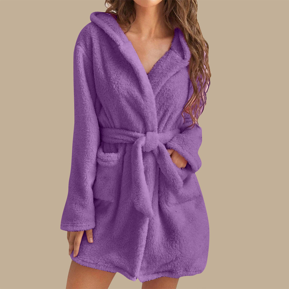 Womens Plush Hooded Bathrobe Warm Homewear