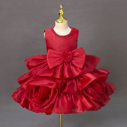 Girls Princess Dress with 3D Roses and Bow Tiered Tulle Birthday Party Gown