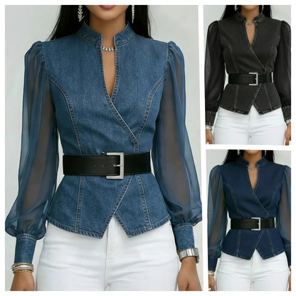 Womens V-Neck Lace Long Sleeve Blouse