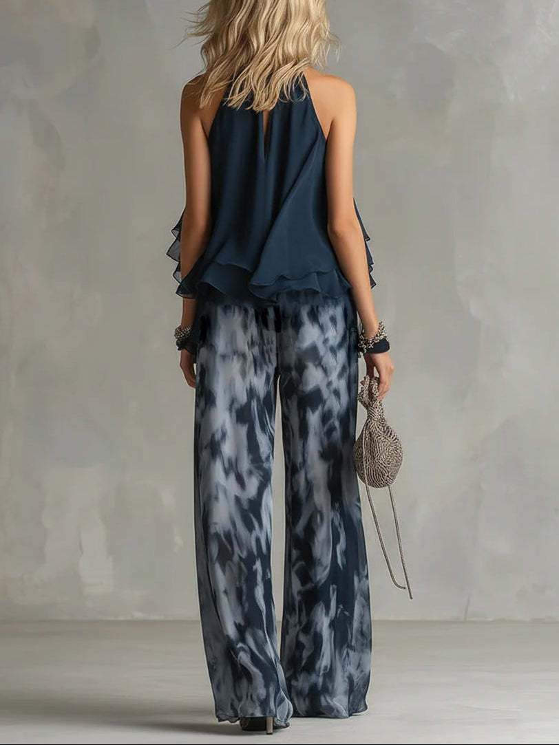 Sleeveless Halter Top and Printed Wide-Leg Pants Set