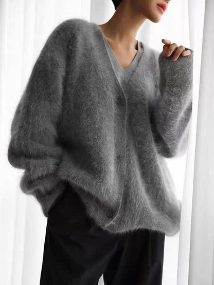 Women's Imitation Mink Fur V-Neck Long Sleeve Knit Cardigan Sweater