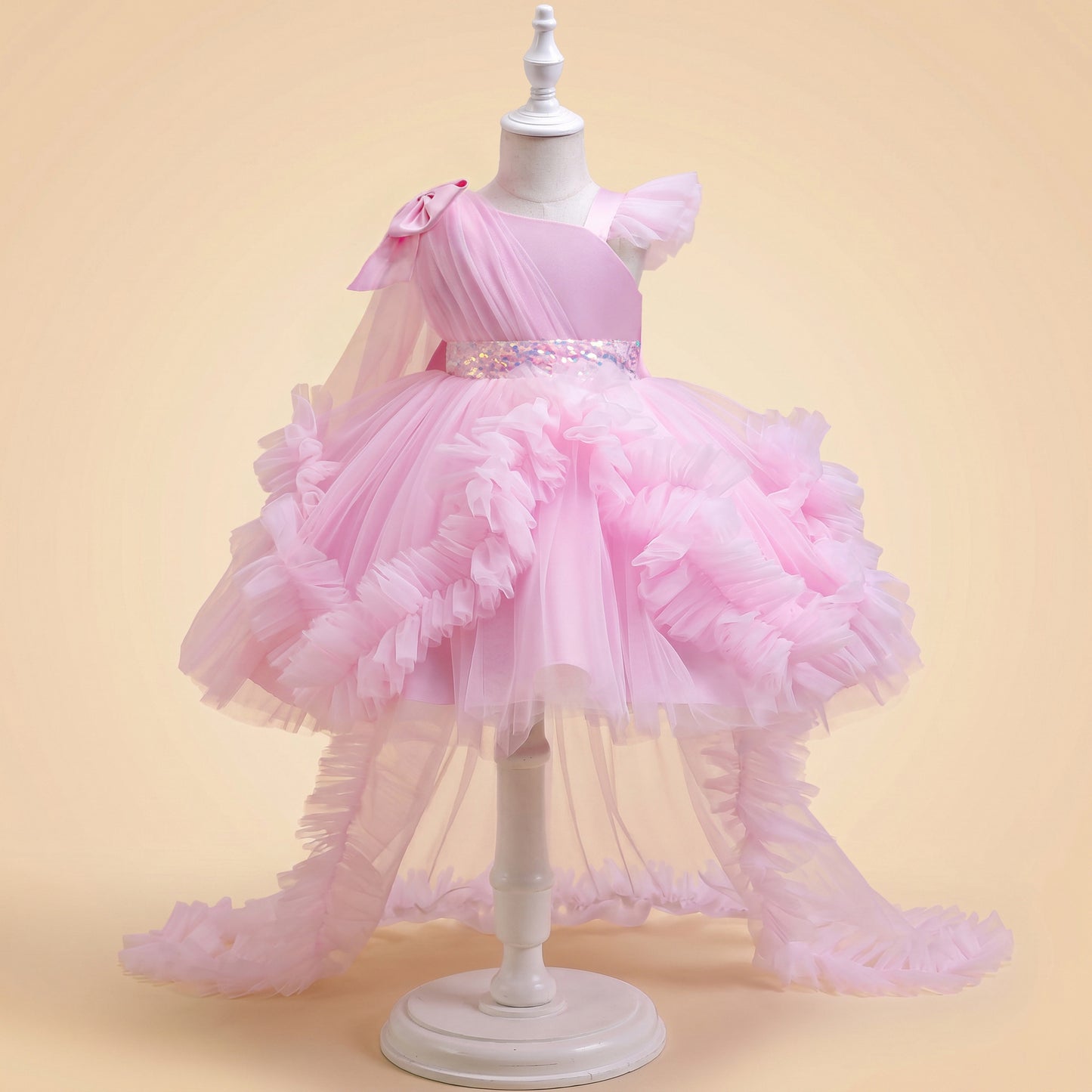 Girls Tulle Princess Dress with Irregular Train and Bow Detail Birthday Party Dress