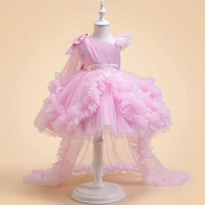 Girls Tulle Princess Dress with Irregular Train and Bow Detail Birthday Party Dress