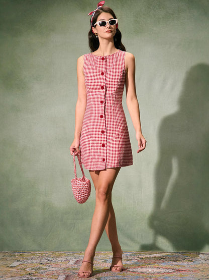 French Retro Plaid Sleeveless Crewneck Dress