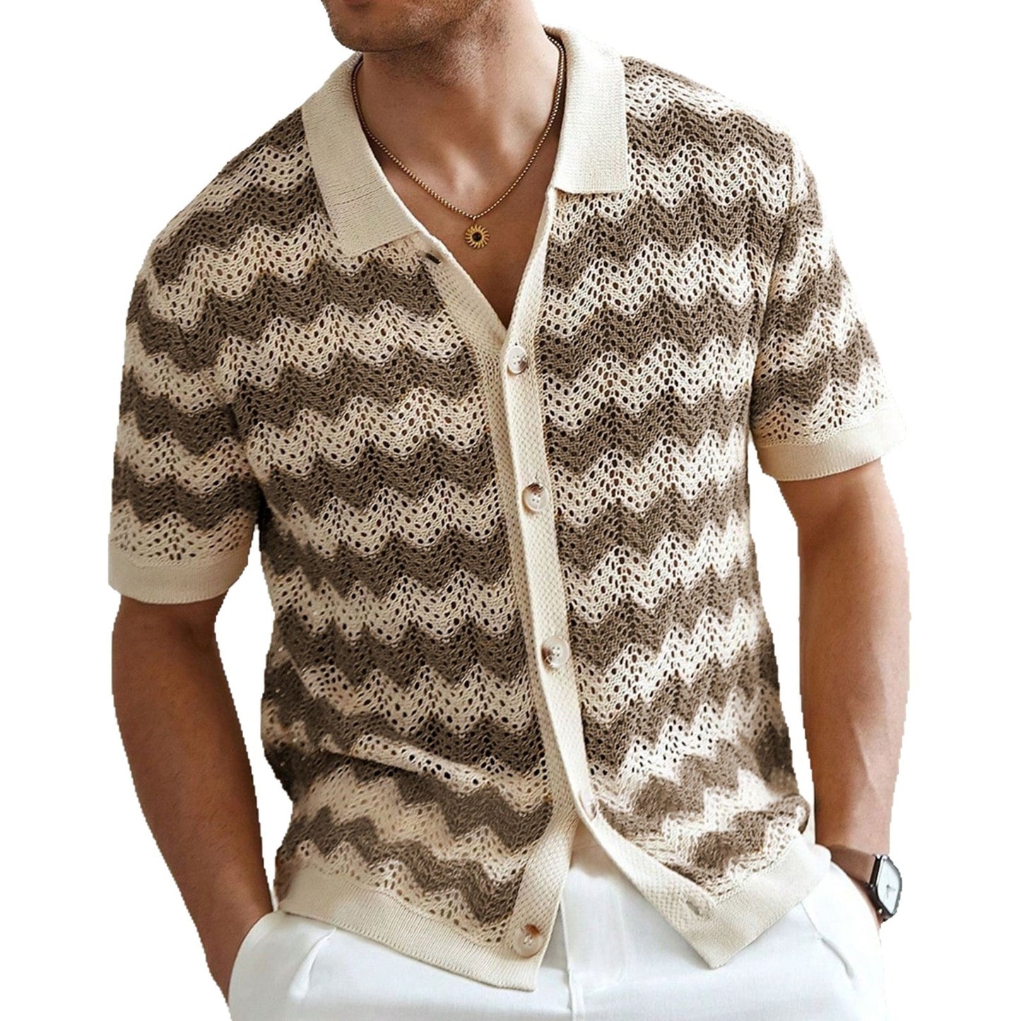 Mens Quick Dry Hollow Jacquard Ripple Knit Polo Shirt