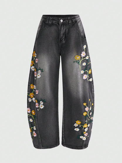Floral Embroidered Wide Leg Pants