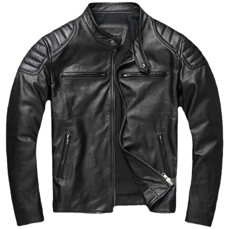 Men's Cowhide Leather Biker Jacket Windproof Stand Collar
