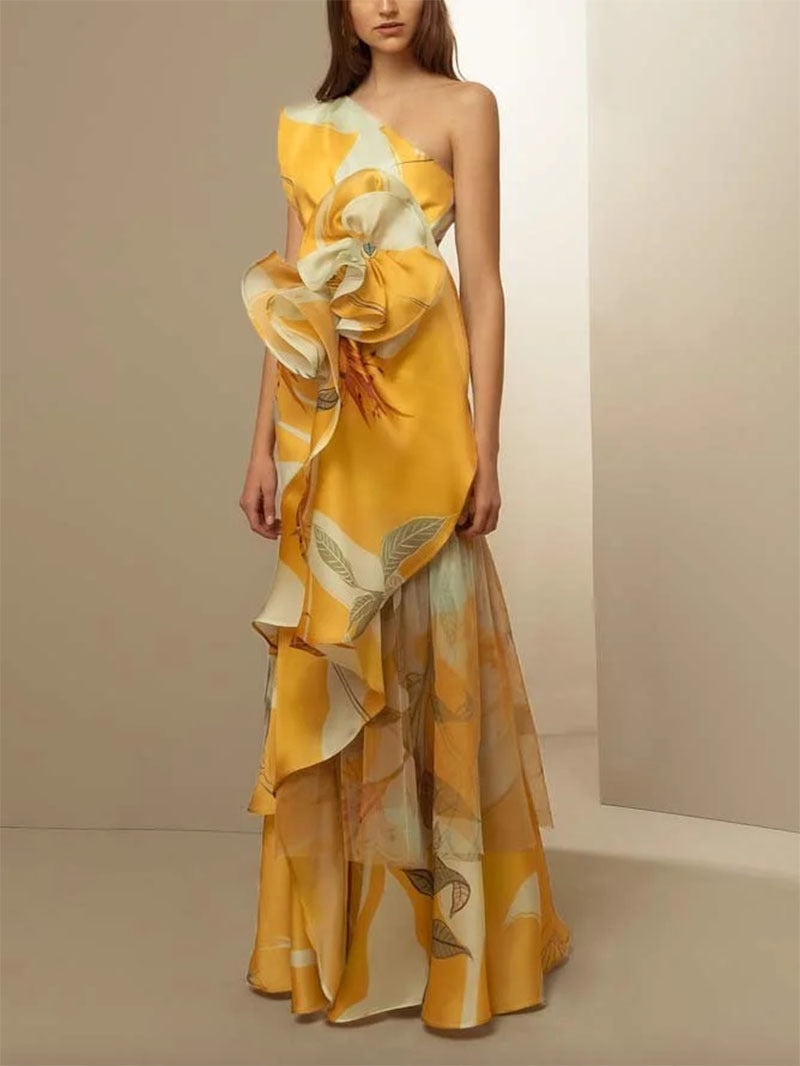 French Retro Printed Oblique Shoulder Dress