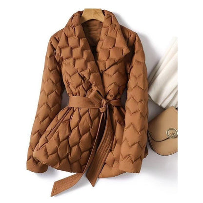 Women's Waist-Cinching Geometric Pattern Cotton Padded Coat