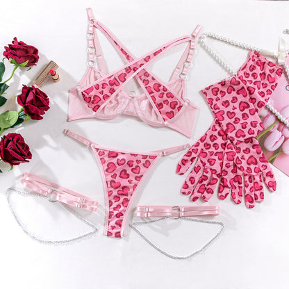 Sexy lingeriepak met luipaardprint metalen ketting handschoenen en beenring