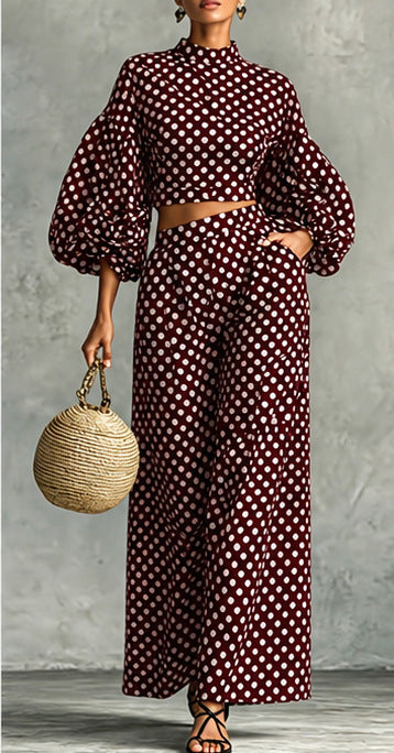 Women's polka dot bubble sleeve top wide leg pants 2 piece set