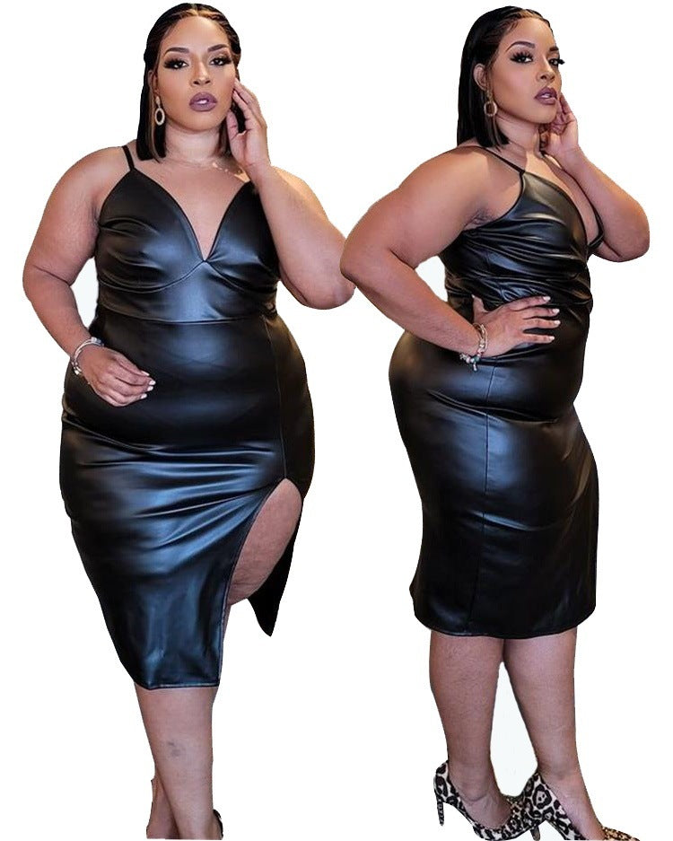 Plus Size PU leren split heup cami jurk