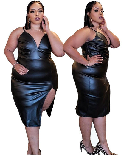Plus Size PU leren split heup cami jurk