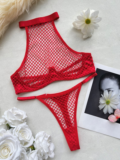 Women's Fishnet Halter Ultra-Thin Mesh Bodysuit Lingerie Set