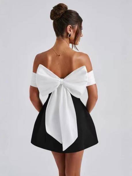 Women's One-Shoulder Sleeveless Mini Dress with Belted Bow, A-Line Color-Block Dress