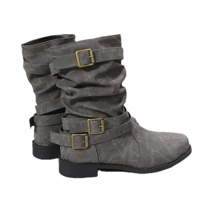 Womens Belt Buckle Low Heel Mid-Calf PU Leather Martin Boots