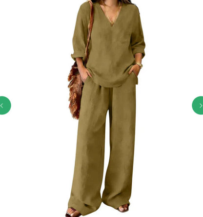 Women's V-Neck Linen Wide-Leg Two-Piece Set