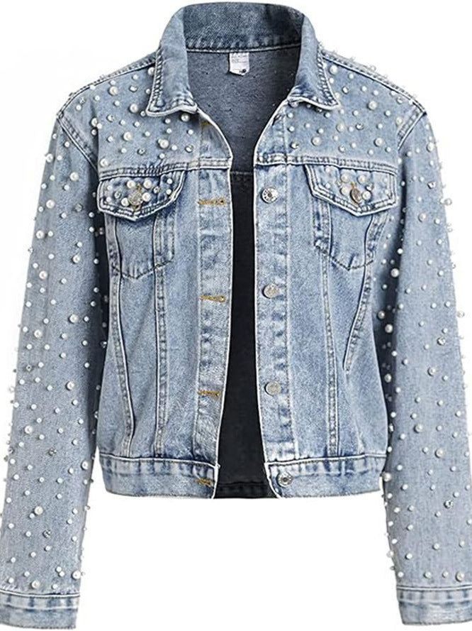 Women's Pearl Rhinestone Cropped Denim Jacket Long Sleeve Slim Fit