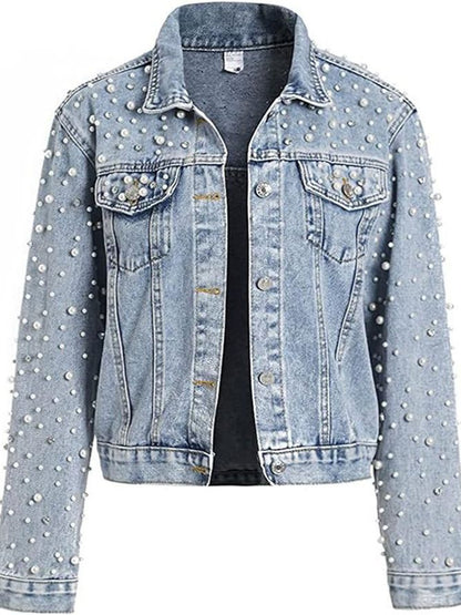 Women's Pearl Rhinestone Cropped Denim Jacket Long Sleeve Slim Fit