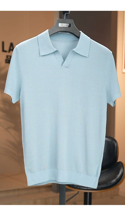 Men's Vintage Mulberry Silk Blend Draped Seagull Collar Polo Shirt